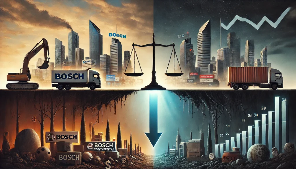 DALL·E 2024-12-16 06.55.04 - Una imagen conceptual que representa el contraste entre un panorama económico sombrío y un foco de éxito regional en México. La mitad izquierda muestr