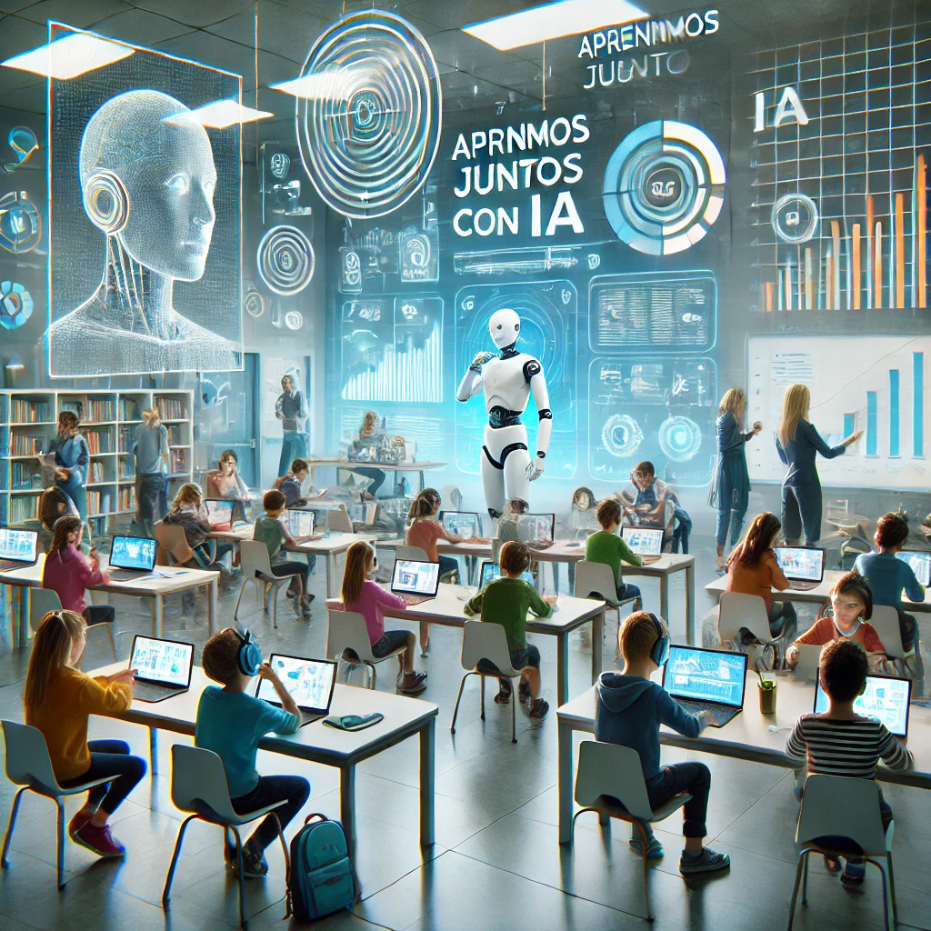 DALL·E 2025-01-06 06.45.47 - Una ilustración futurista que muestra un aula del año 2025 donde la inteligencia artificial está completamente integrada en la educación. En el centro